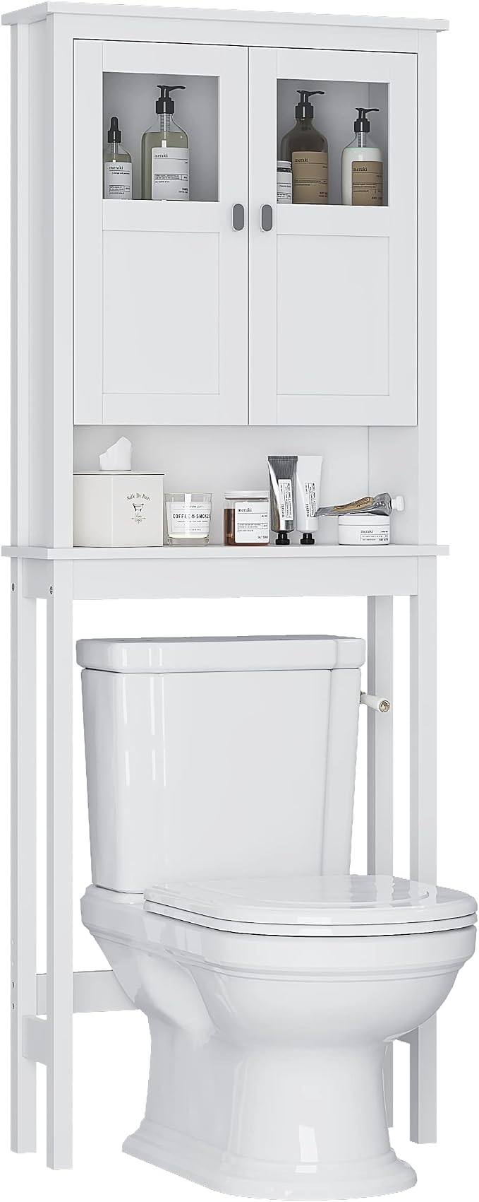Spirich Bathroom Over the Toilet Storage Cabinet with Glass Doors, White | Toilet Organizer with Adjustable Shelf, Anti-tipping Device, Wood, Elegant Modern Design, Space Saver for Tight Spaces