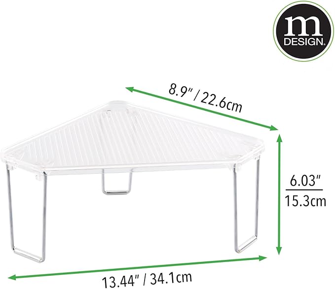 mDesign Plastic/Steel Freestanding Foldable Corner Stackable Organizer Shelf for Kitchen, Counter, Pantry, Cabinet Storage, Holds Plates, Dishes, Ligne Collection, 2 Pack - Clear