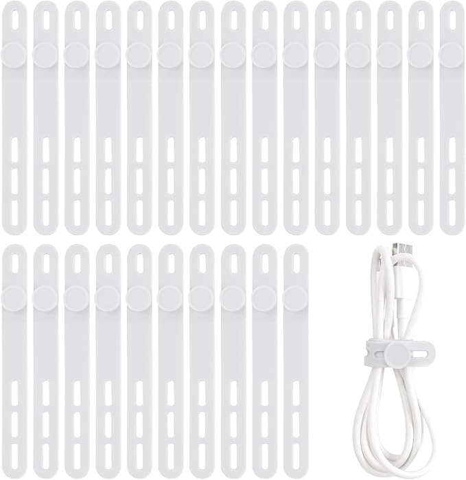 Oligei 25 Pcs Silicone Cable Ties, Cable Ties Reusable, High Elasticity Cord Wraps for Electrical Cords, Cord Organizer for Earphone, Phone Charger(White)
