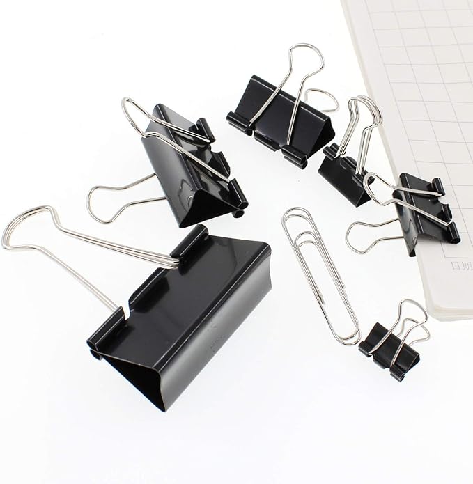 Assorted Sizes Binder Clips，Paper Clamps,Black Metal Fold Back Clips for Office School Supplies,Large, Medium,Small Size Metal Clips,Big Size Paper Holder,Elastic Rubber Band (190 PCS Black)