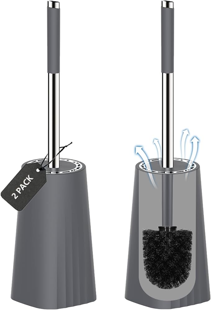 SetSail Toilet Brush, Compact Size Toilet Bowl Brush and Holder Toilet Brushes for Bathroom with Stainless Steel Handle Toilet Cleaner Brush with Durable Scrubbing Bristles, 2 Packs-Grey
