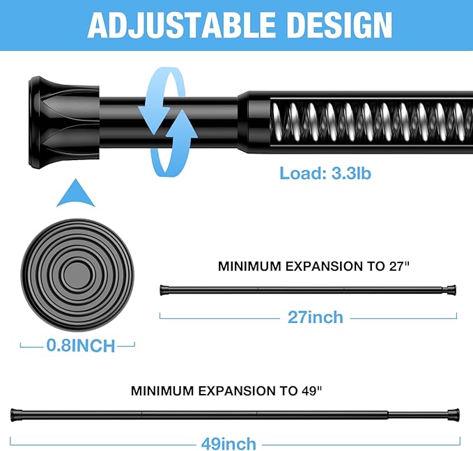2 Pack Spring Tension Curtain Rods 28-48 Inches,5/8" Diameter Black Spring Load Adjustable Expandable,Small Tension Curtain Rod for Windows,Kitchen,Doorway,Bathroom,Cupboard Bars