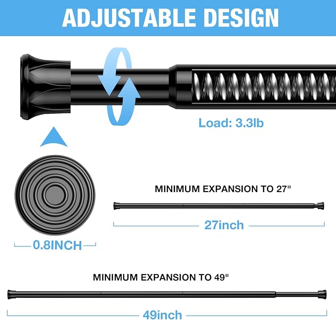 6 Pack Spring Tension Curtain Rods 28-48 Inches,5/8" Diameter Black Spring Load Adjustable Expandable,Small Short Tension Curtain Rod for Windows,Kitchen,Doorway,Bathroom,Cupboard Bars