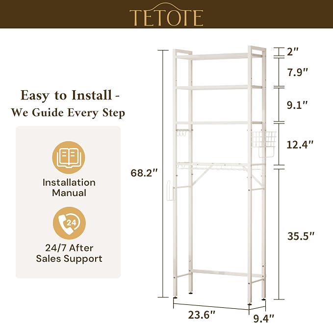 TETOTE Over-The-Toilet Storage Rack, 4-Tier Bathroom Organizer Shelf Over Toilet with Adjustable Shelf and Basket, Freestanding Space Saver Bathroom Shelves Above Toilet for Room(White)