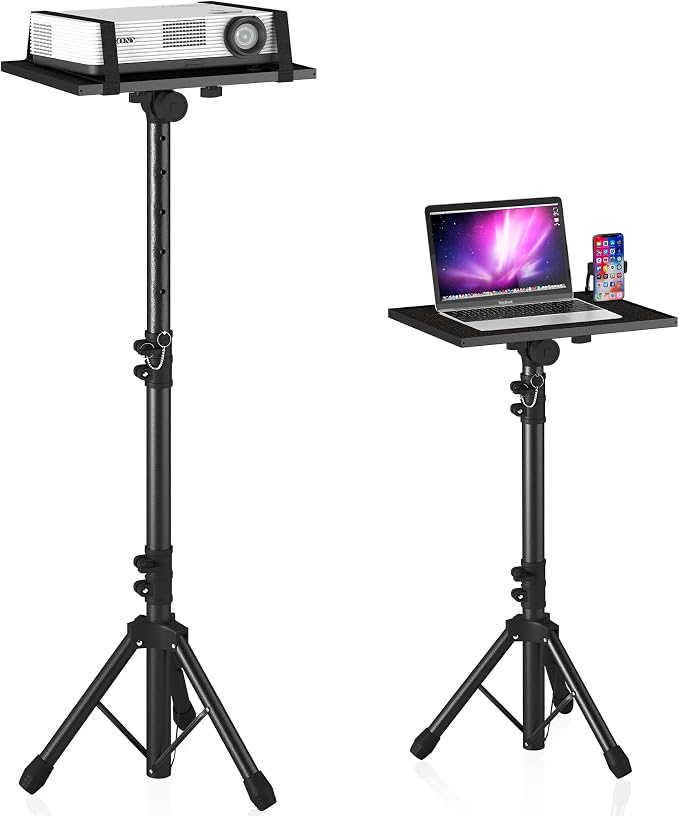Projector Stand Tripod Adjustable, Laptop Height from 23.5 to 46.5 inches with Gooseneck Phone Holder, Floor for Office, Home, Stage, Studio, DJ Racks Holder Mount