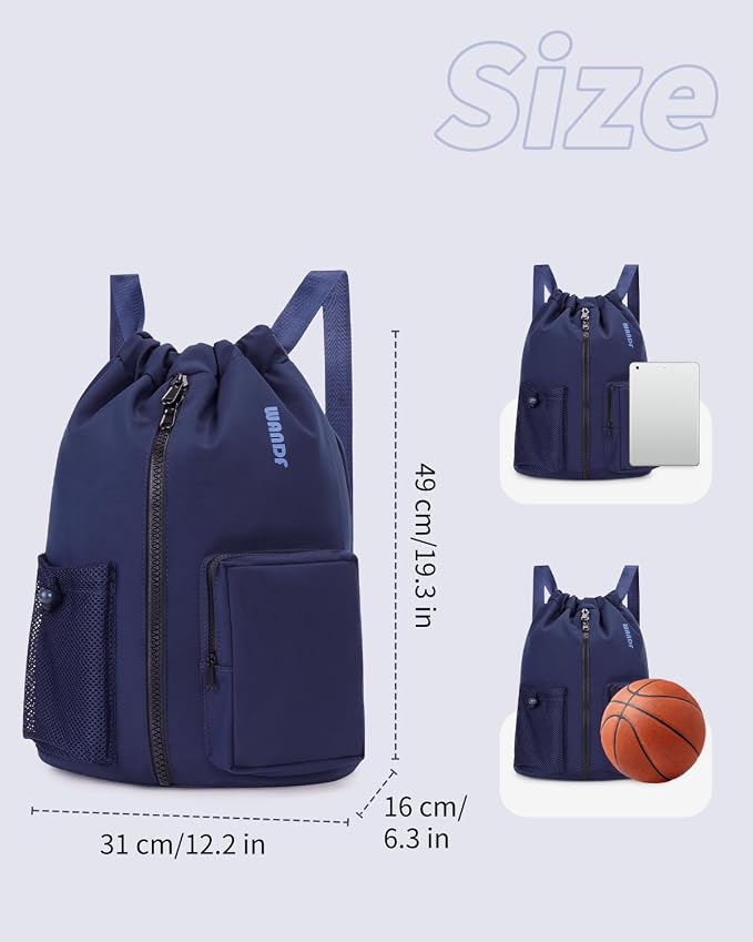 WANDF Drawstring Backpack with Shoe Compartment, Sports Gym Bag | Multi-Pocket Storage, Water-Resistant Fabric, Cinch String Bag