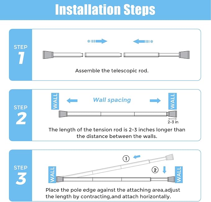 AIZESI Shower Curtain Rod 30-64 Inch Adjustable Curtain Rods Never Rust & Non-Slip Spring Tension Curtain Rods No Drilling Shower Rods for Bathroom Window Kitchen, Silver