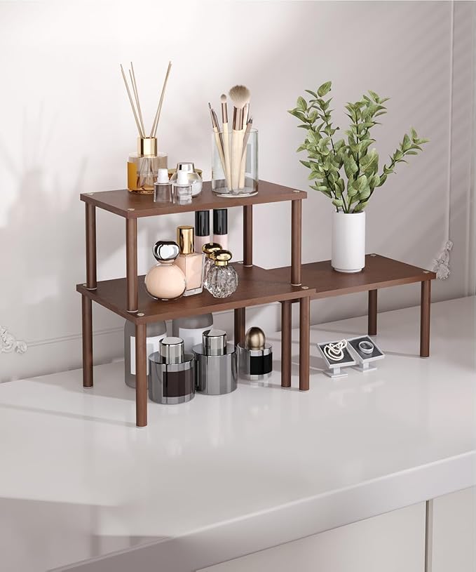 Cabinet Organizer Shelf(Set of 3),Bamboo Kitchen Counter Shelves for Countertop and Cabinet,Stackable Shelf Spice Racks,Medium(Brown)