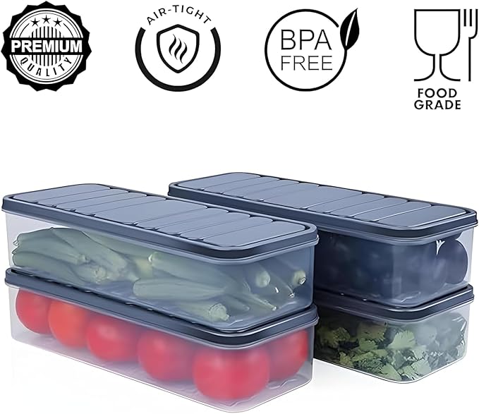 fridge storage containers - transparent storage box and plastic air tight kitchen boxes, stackable refrigerator vegetable container, polythene freezer pantry accessories (Pack of 6)