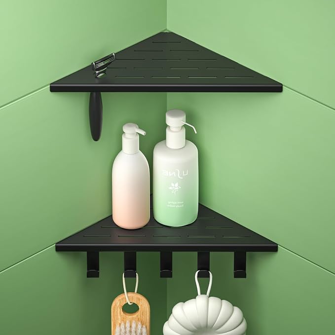 10'' Corner Shower Shelf | 304 Stainless Steel Shelves for Bathroom, Grout in Shelf with Hooks for Tiled Wall (Matte Black)