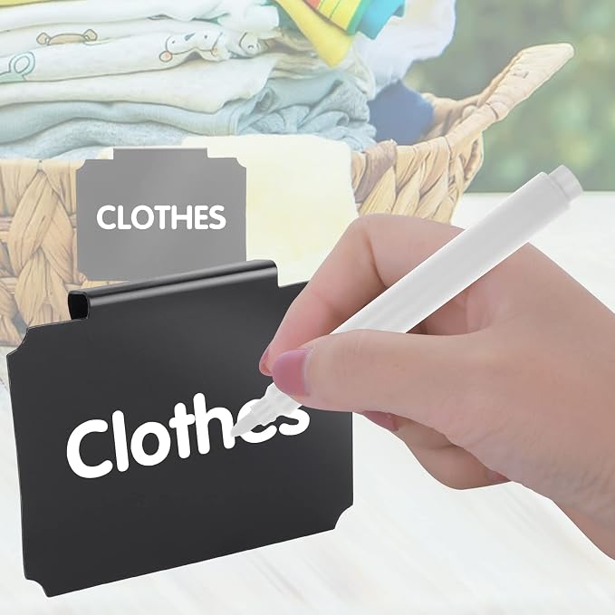 12 Pieces Basket Labels Clip on Set, Include 10 Pieces Kitchen Clip Label Holder Removable Pantry Basket Labels with 2 Pieces White Chalk Marker for Storage Bins Organization Box (Black)
