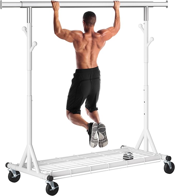 Gewudraw Clothes Rack Heavy Duty 530 LBS Capacity, Portable, Foldable,White | Rolling Clothing Rack With 4" Wheels,Shelf, Hooks, Adjustable, Collapsible, Garment Rack for Wardrobe,Bedroom, Laundry Room