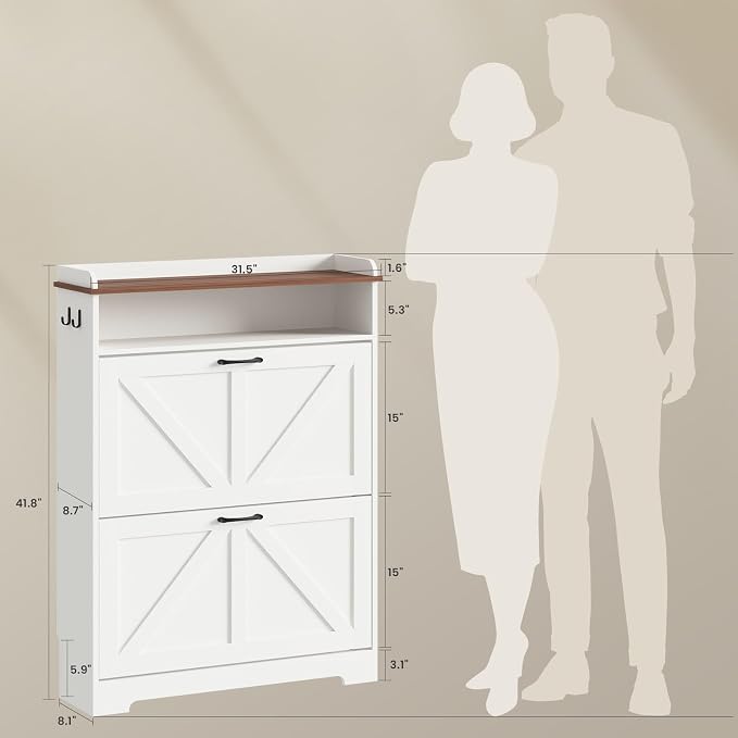 Shoe Cabinet with 2 Flip Drawers, Farmhouse Narrow Shoe Cabinet Organizer with 2 Adjustable Shelves & 2 Hooks, Shoe Rack for Entryway, Foyer, Hallway, White, 31.5" W x 8.7" D x 41.7" H