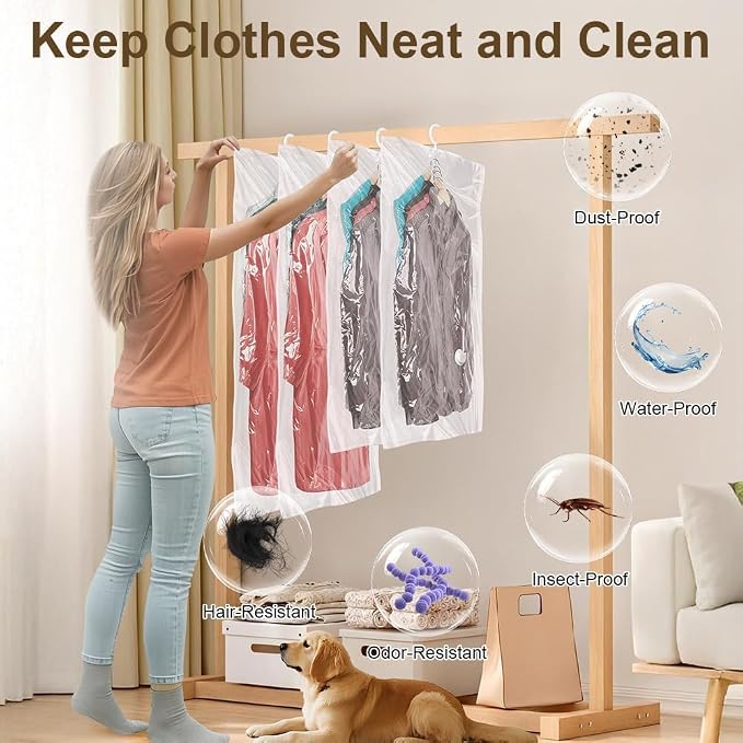 Flintronic Hanging Vacuum Storage Bags, 4pcs 135x70cm Vacuum Compression Zipper Storage Bags, Space Saver for Clothes, Suits, Dresses, Coats or Jackets