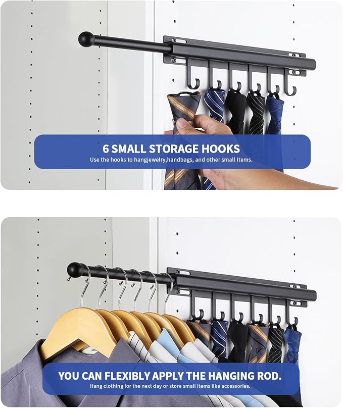 BaiNong Valet Rod for Closets Pull Out 16.5" Black with 6 Hooks (2Pack) | Closet Valet Rod Slide Out for Closets, Laundry Rooms, RVs Space-Saving
