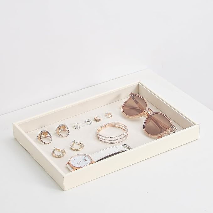Stackable Jewelry Organizer Tray For Drawers,White Leather Small Earring Storage Tray,Bracelet And Necklace Display Box,Jewelry Ring Display Case (Creamy White Blank Trays)