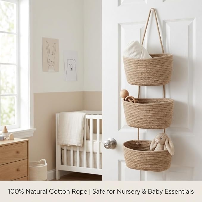 Hanging Wall Basket, Over the Door Hanging Basket with Hooks, Cotton Back of Door Organizer for Living Room, Bedroom, Boho Wall Decor, Toy Storage, Jute