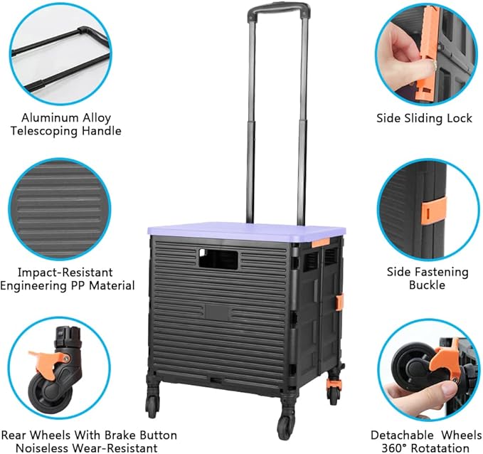 Quick Utility Cart Folding Portable Rolling Crate Handcart with Durable Heavy Duty Plastic Telescoping Handle Collapsible 4 Rotate Wheels for Travel Shopping Moving Luggage Office Use