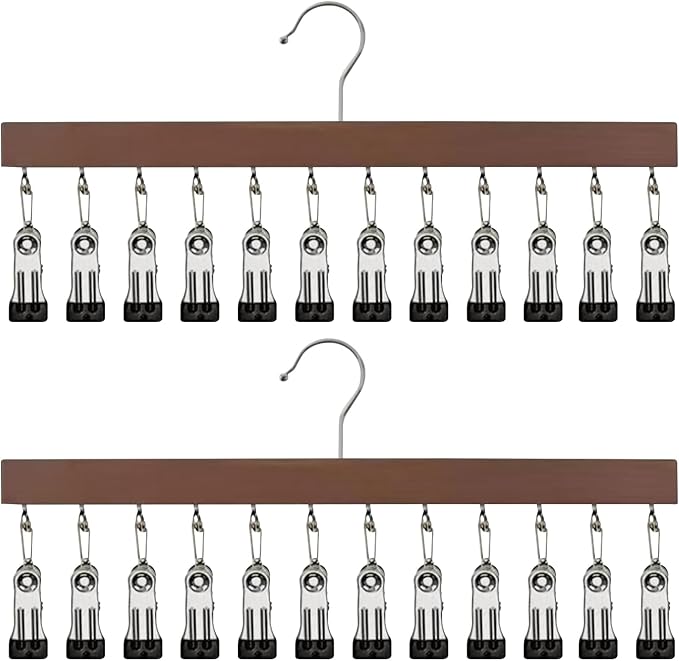 2 Pcs Closet Organizer with 12 Clips, Space Saving Hanging Closet Organizer Wood Hangers with Clips for Pants Hats Scarves Socks