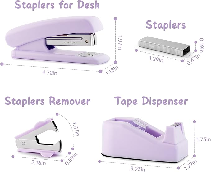 Purple Office Supplies, Kids Office Supplies and Accessories, Office Desk Set with Stapler, Tape Dispenser, Staple Remover, Clips and Scissors for Women, Boss Lady, Coworkers, Office Clerks, Kids