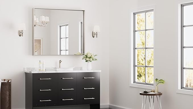 Keonjinn 42 x 36 in Brushed Nickel Mirror for Bathroom Sink, Rectangular Metal Framed Vanity Wall Mirror Square Corner Aluminum Alloy Modern Rectangle Silver Mirror for Over Sink(Horizontal/Vertical)