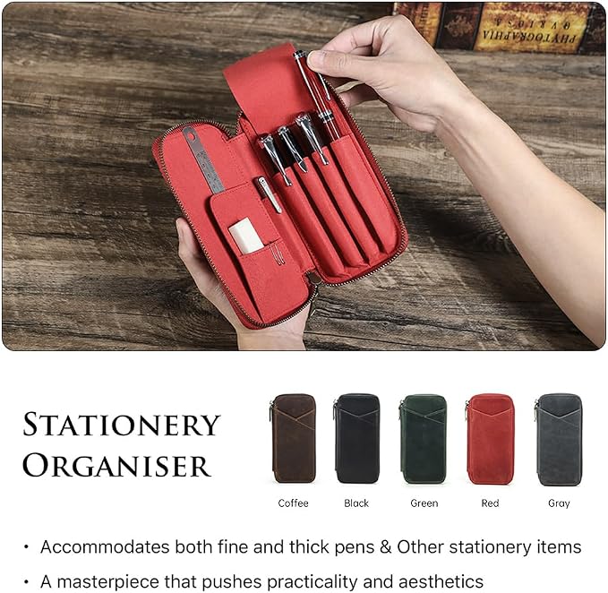 CONTACTS Full Grain Leather Pencil Case for Women Handmade Vintage Zipper Pen Holder Pouch with Card Slot Pens Organizer Pockets Stationery Bag (Red)