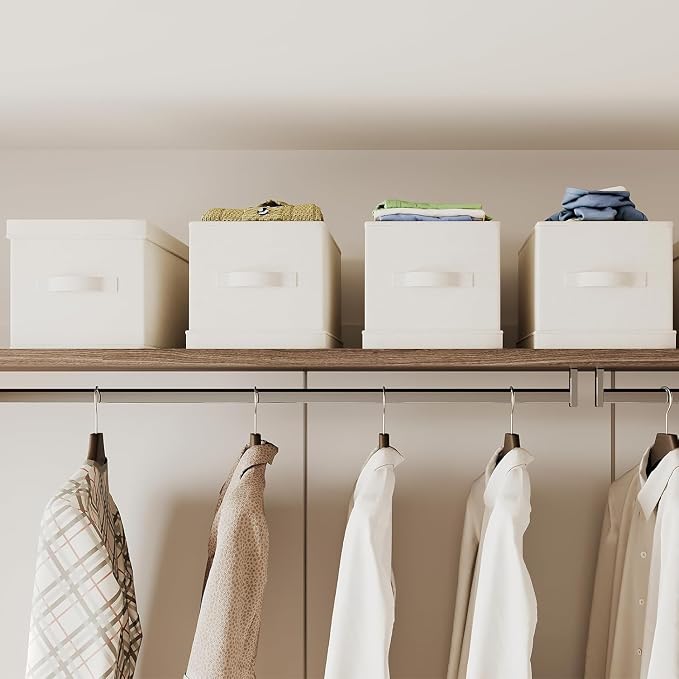 Small Fabric Storage Bins with Lids 12.6*9.5*7 in, 2-Pack Storage Baskets for Closet, Large Linen Organizers and Storage Bins for Bedroom, Collapsible Baskets and Bins with Handles, Off White