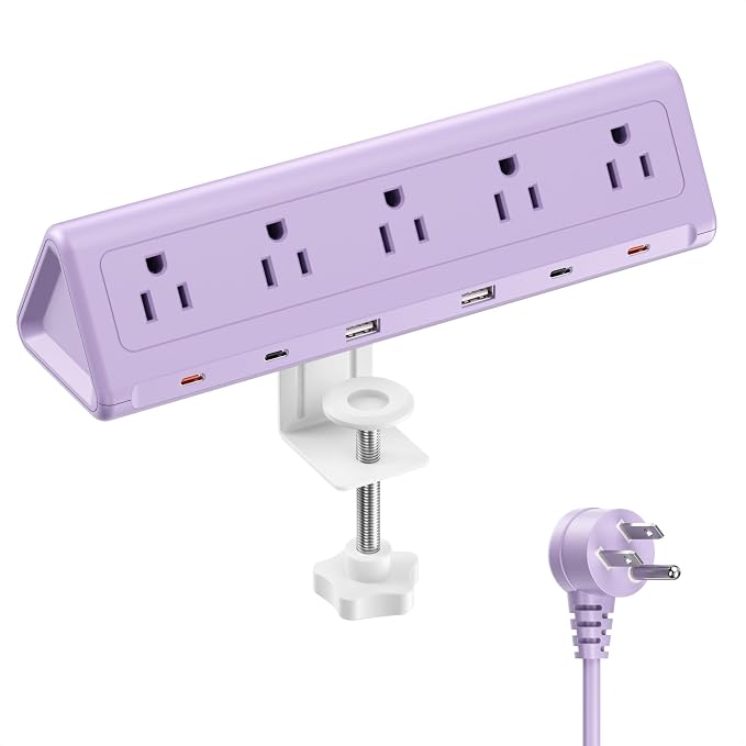 6.5 FT Desk Clamp Power Strip with 5 AC Outlets & 6 USB Ports PD 40W USB-C Fast Charging, Extension Cord with Multiple Outlets, Fits 2.1 in top Edge Purple