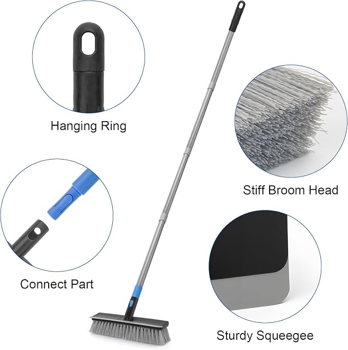 KeFanta Deck Brush with Long Handle, 2 in 1 Floor Scrub Brush for Cleaning, 56" Stiff Bristle Outdoor Scrubber Brush for Patio Concrete Boat Garage Bathroom Kitchen Wall Shower