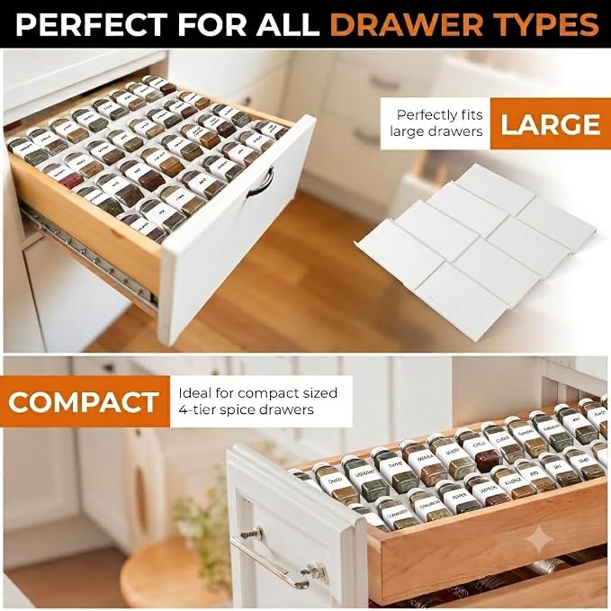 ALCOVA Expandable Spice Drawer Organizer 9-18" White (Jars Not Included) | Expandable Spice Drawer Organizer, Spice Rack, Seasoning Organizer