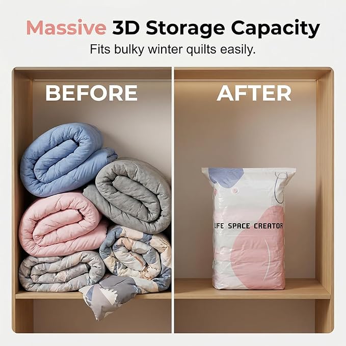 5 Pcs No-Pump Vacuum Storage Bags, Pump-Free Large Capacity Vacuum Storage Bags, Large Vacuum Compression Bags without a Pump for Clothes Bedding Comforters Off-Season Gear (M+L, 5PCS)