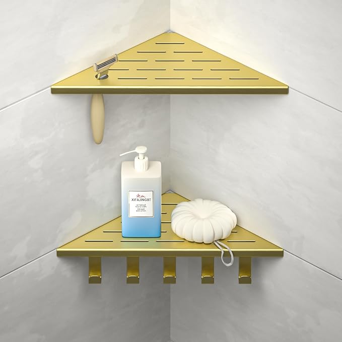 10‘’ Corner Shower Shelf | 304 Stainless Steel Shelves for Bathroom, Grout in Shelf with Hooks for Tiled Wall (Gold)