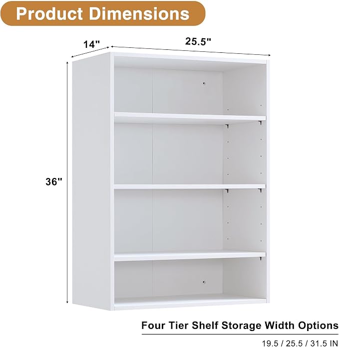 25.5" Four-Tier Closet Shelf Module, White MDF Closet Organizer System with Adjustable Shelves, Wall-Mounted Storage Tower for Shoes, Bags, Hats, Clothes, Bedroom, Walk-In Closet Unit