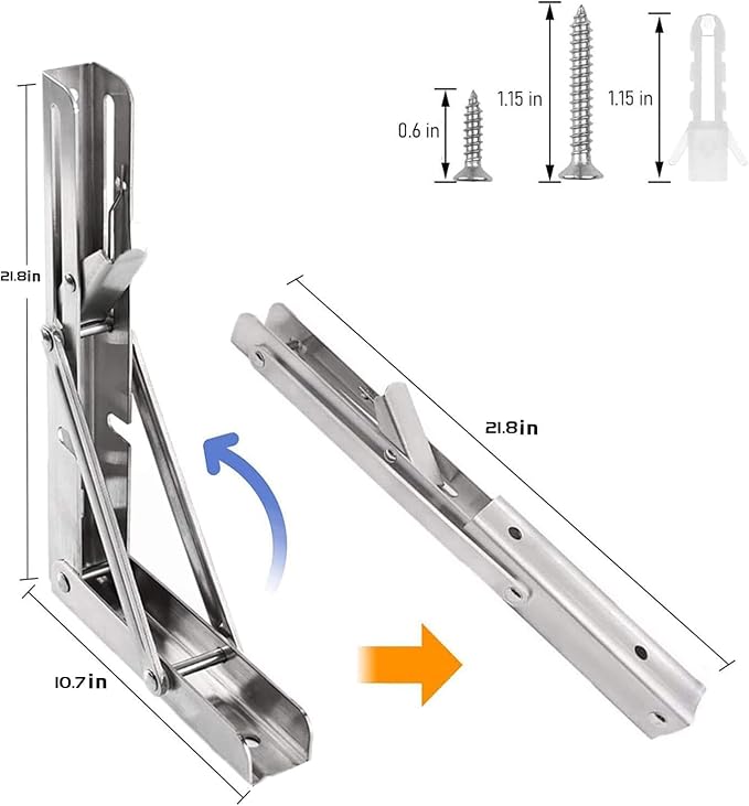 Folding Shelf Brackets 22 inch 2 Pcs Max. Load 440lb - Heavy Duty Stainless Steel DIY Wall Mounted Collapsible Shelf Bracket, Space Saving for Garage Workstation, Stuff Supports, Table, Workbench