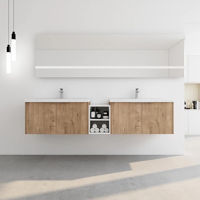98IN Bathroom Vanity with Double Sink, Modern Solid Wood Floating Bathroom Sink Cabinet, Anti-Fog Mirror, Smart Storage Solutions, Waterproof Design, Open Shelving for Easy Access