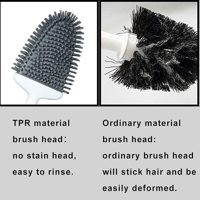 Sellemer Silicone Toilet Brush, Ventilation Slots Base Holder 2 Pack Silver | Flexible Bristles Flat Head for Rim, Hair Tangle-Free, Easy to Clean, Compact Design, Rustproof Handle, for Toilet/Sink/Tub