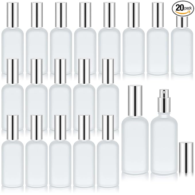 Tessco for you 20 Pcs 30/60/100 ml Glass Spray Bottles Frosted Empty Perfume Bottle Atomizer Refillable Clear Bottle with Fine Mist Sprayer Pump for Room Face Travel Business (Silver, 3.4 oz)