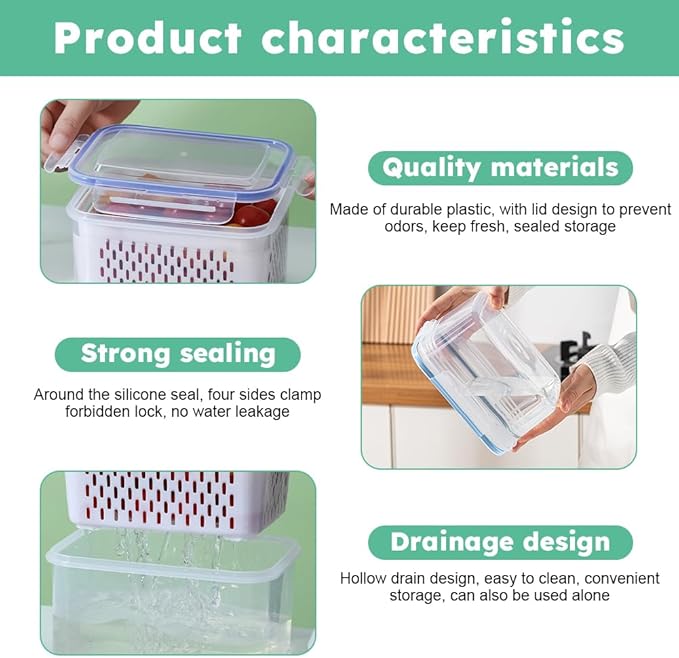 2-Pack Refrigerator Storage Containers with Removable Colander Baskets, Fridge Organizer Box for Fruits Vegetables, Keep Fresh & Tidy, Space Saving Kitchen Food Storage Container Set