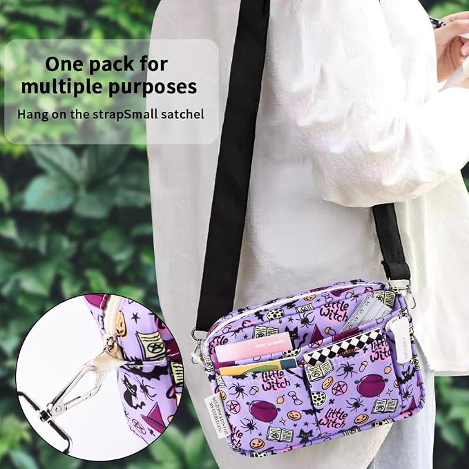 E-WEICHEN Multiple Pockets Portfolio Organizer with Zippered, Makeup Bag Travel Essentials for Women, Simple Waterproof Stationery Pencil Pouch Bag for Journal Office Art Supplies.Purple Halloween