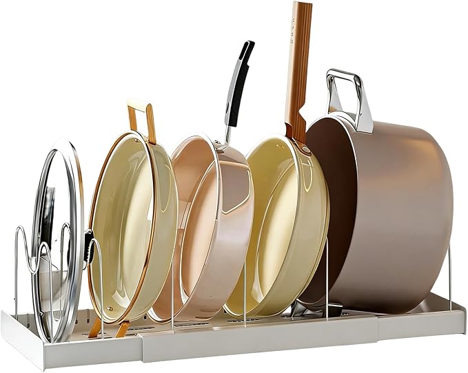 Pot Rack:Expandable Pan Organizer for Cabinet,Pot Lid Holder with 6 Adjustable Compartment for Kitchen Cabinet Cookware Baking Frying Rack,Apricot