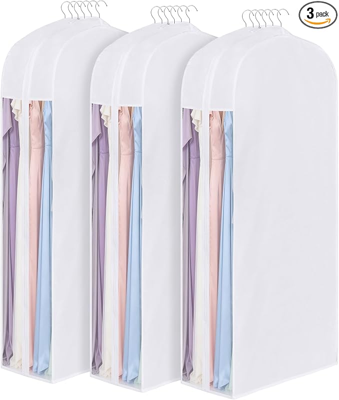 60" Premium Cotton Garment Bag for Hanging Clothes and Storage, Breathable Dress Bags for Gowns with Extra Large 10" Gusseted & Clear Window, Dust Cover with Zipper for Long Dresses, 3 Pack