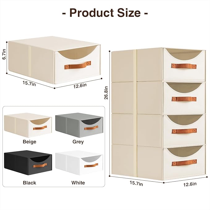 Homsorout Stackable Storage Drawers - Large Collapsible Storage Bins with Drawers, 4 Pack Closet Shelf Organizer Basket, Fabric Pull Out Organizer for Bedroom, Living Room, Dorm, Light Beige