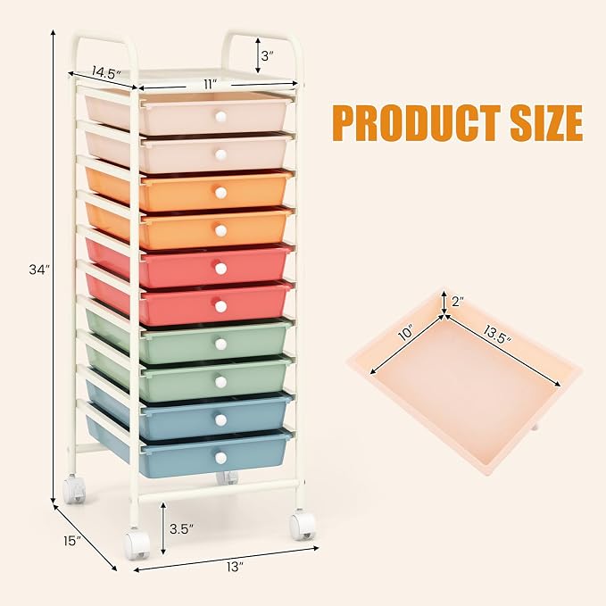 GOFLAME 10-Drawer Rolling Storage Drawer Cart, Utility Cart with Removable Drawers & Metal Frame, Mobile Art Craft Drawer Cart with Lockable Wheels for Home, Office, Studio, School, Macaron Color