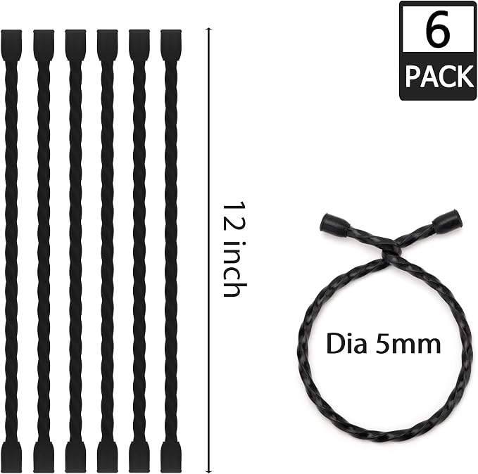 6 PCS 12-Inch Silicone Cable Ties Dia 5mm Reusable Steel-Core Rubber Twist Ties Bendable Cable Ties for Bundling and Holding, All Purpose Cord Tie for Indoor and Outdoor (Black)