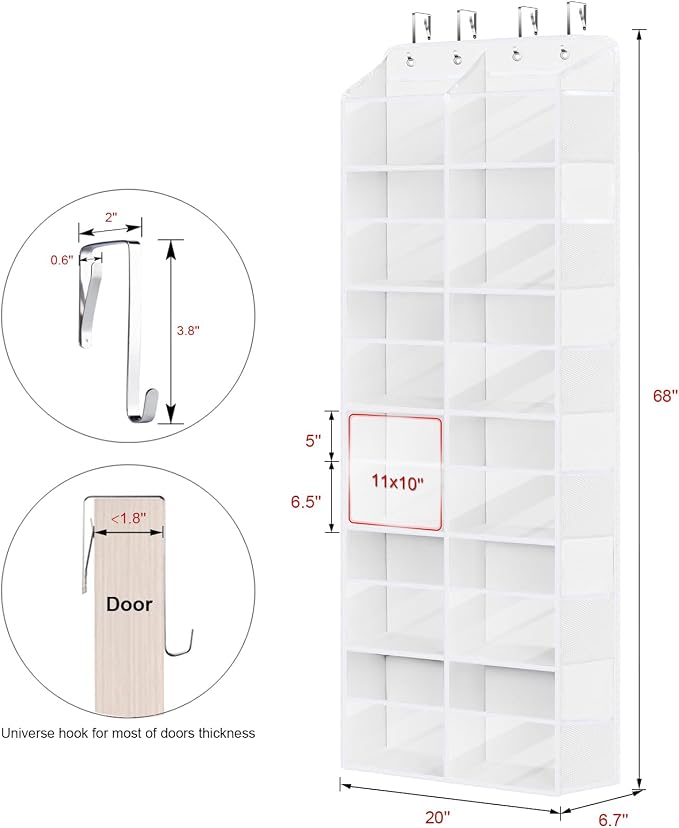 Univivi Over the Door Organizer, 6 Tiers Large Behind Door Storage, White | Large Capacity, 12 Clear Compartments, 12 Side Pockets, Door Hanging Organizer for Closet, Bedroom, Nursery, Sundries