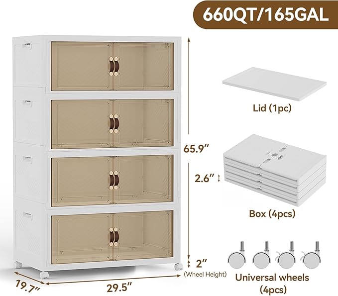 SAILUN 660QT/165Gal Stackable Storage Bins with Lid, Collapsible Storage Bins With Doors and Wheels, Folding Plastic Cabinet Containers for Home Kitchen Closet Organization, 4 Pack