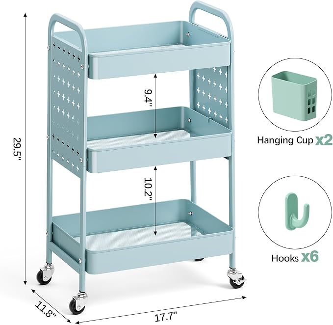 KINGRACK 3 Tier Rolling Cart with DIY Pegboard, Metal Utility Cart with Wheels, Hooks & Baskets, Sturdy Storage Organizer for Craft, Bathroom, Kitchen, Office, Nursery, Classroom（Blue）