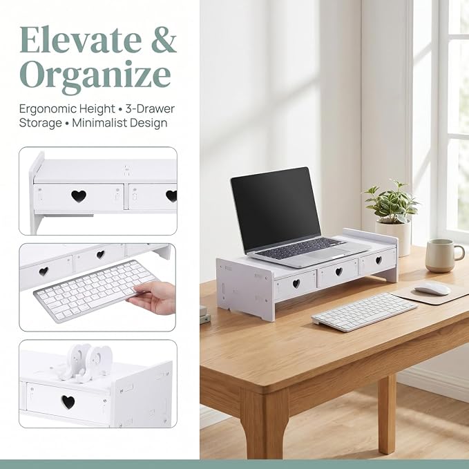 Computer Monitor Riser with Drawer Keyboard Storage Rack for Desk Organization Desk Shelf Organizer for Laptop 19.29 X 7.48 X 3.93 in White Wood-Composite