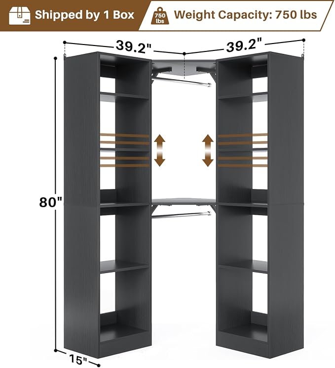 Besiost Corner Closet System with 12 Shelves, 39.2" Corner Closet Organizer System with 2 Hanging Rods, Versatile 6-Tier Walk-in Closets for Corner Space, Black (39.2" L x 39.2" W x 80" H)