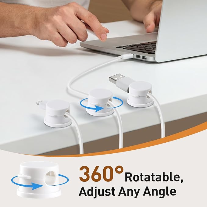 AGPTEK 8 Pack Magnetic Cable Clips, 360° Rotatable Cord Holder, White | Cable Holder for Nightstand, Desk Cord Organizer Adhesive Wire Management Home Phone Charging Cords USB Cable Keeper
